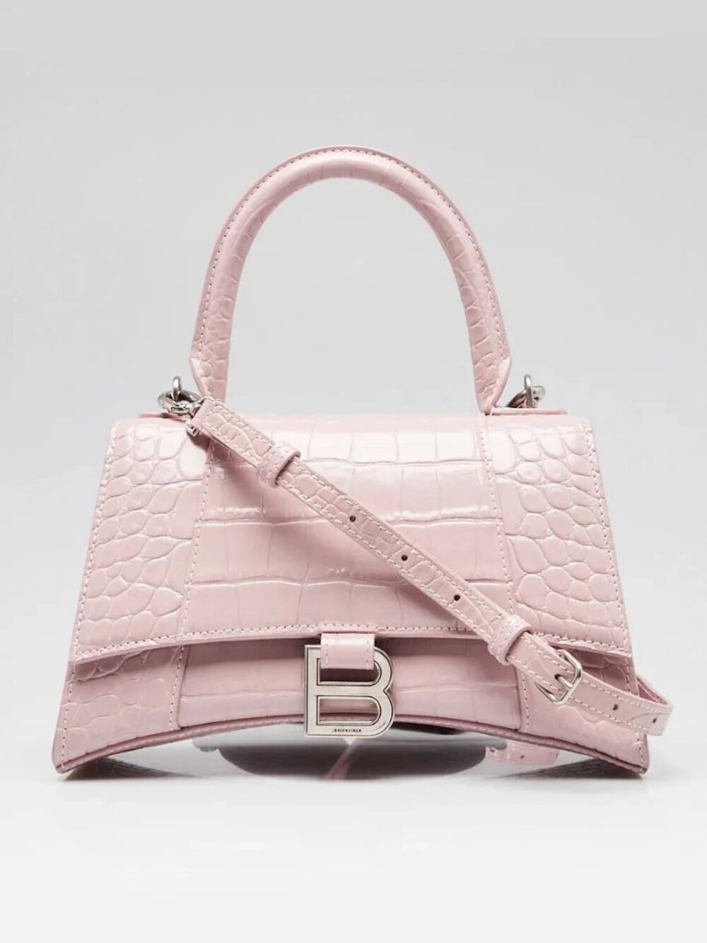 Balenciaga Pink Croc Embossed Leather Hourglass Small Top Handle Bag